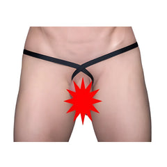 Black satin ring thong with crossed waistband design shown from the back in thong and sock bundle