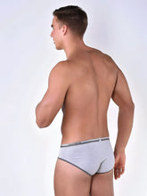 Gray heathered briefs with dark gray trim and dolce and gabbana logo on waistband for men size s