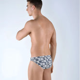 Black and white patterned swim trunks with modern abstract design by roberto lucca matteo in size l