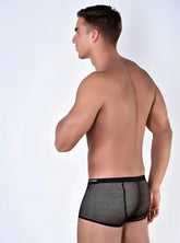 Roberto Lucca mesh trunk underwear black with subtle grid pattern and solid waistband size L front view