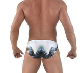White Roberto Lucca swim trunks with symmetrical black green and blue tropical palm tree print in size 2XL