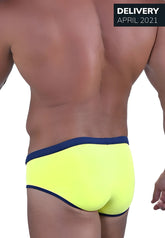 Roberto Lucca piping brief underwear in bright neon yellow with navy blue trim designed for comfortable fit size L