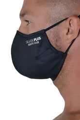 Black fabric antibacterial face mask with white embroidered silver plus roberto lucca text size M