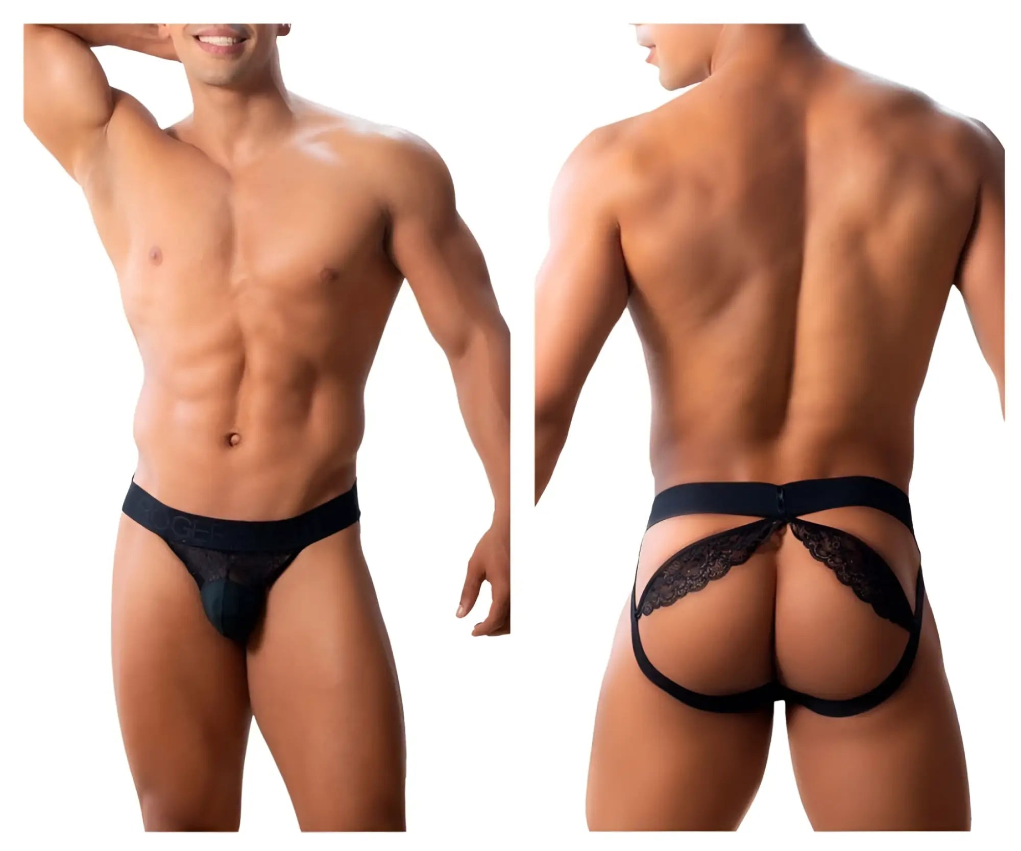 Black lace-trimmed men’s thong with supportive backband by roger smuth rs005 jockstrap in black, back side view