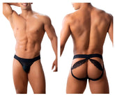 Black lace-trimmed men’s thong with supportive backband by roger smuth rs005 jockstrap in black, back side view