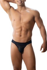 Roger smuth rs005 black jockstrap with black mesh briefs featuring a subtle pattern and elastic waistband