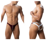 Maroon and white roger smith rs018-1 jockstrap briefs with central zipper detail in burgundy color