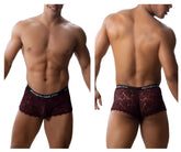 Maroon lace briefs with black elastic waistband featuring roger smuth logo labeled roger smuth rs035 trunks color burgundy