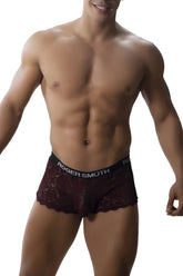 Maroon lace boxer briefs with black elastic waistband featuring roger smuth branding in the roger smuth rs035 trunks color burgundy