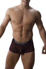Maroon lace boxer briefs with black elastic waistband featuring roger smuth branding in the roger smuth rs035 trunks color burgundy