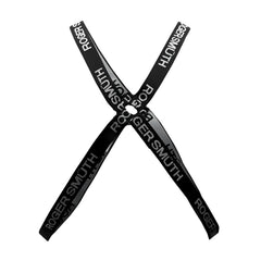 Black roger smith rs037 harness strap with repeating white lettering for secure and stylish wear