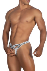 White roger smith rs067 thong with black lettering showing front design in soft fabric for comfortable wear