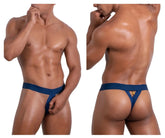 Back side of navy blue roger smuth rs087 ball lifter thong with gold metallic clasp at center back