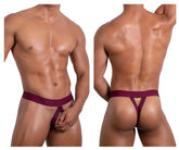 Back view of roger smuth rs087 ball lifter thong in burgundy with a gold logo on the maroon fabric