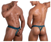 Back view of teal mens thong roger smuth rs087 ball lifter with gold-tone logo and branded waistband in green