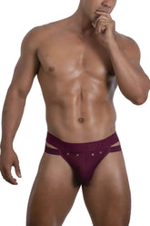 Maroon roger smuth rs088 jock-thong briefs with cutout design and silver eyelets on waistband front view