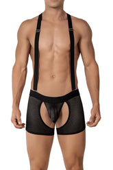 Black mesh briefs with suspenders featuring sheer breathable fabric and adjustable straps by Roger Smuth size M