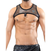 Black mesh roman harness top with silver buckle and reinforced black trim showing front side details
