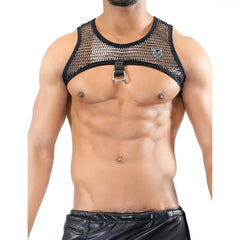 Black mesh roman harness top with silver buckle and reinforced black trim showing front side details
