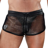 Roman shorts black mesh with leather waistband drawstring and tof paris logo patch on the side