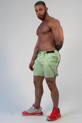 Light green Romey shorts cargo style with black belt and stitched detailing for casual wear