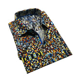 Rosie s/s buttondown vibrant men’s dress shirt with bold geometric overlapping squares in yellow blue orange and black