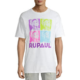 White cotton t-shirt featuring a vibrant four-panel pop-art rupaul graphic in purple lime green pink and cyan hues with rupaul printed below