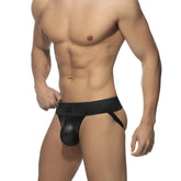 Black glossy faux leather rub jock briefs with a front zip, supportive waistband, and side straps