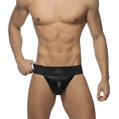 Black leather-like RUB JOCK front zip briefs with central zipper and elastic waistband for secure fit