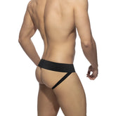 Black sleek form-fitting men’s briefs with smooth elastic waistband and front zip from rub jock collection