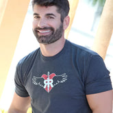 Dark heather gray ruff riders commitment short sleeved t shirt with red heart white wings and r emblem, size large