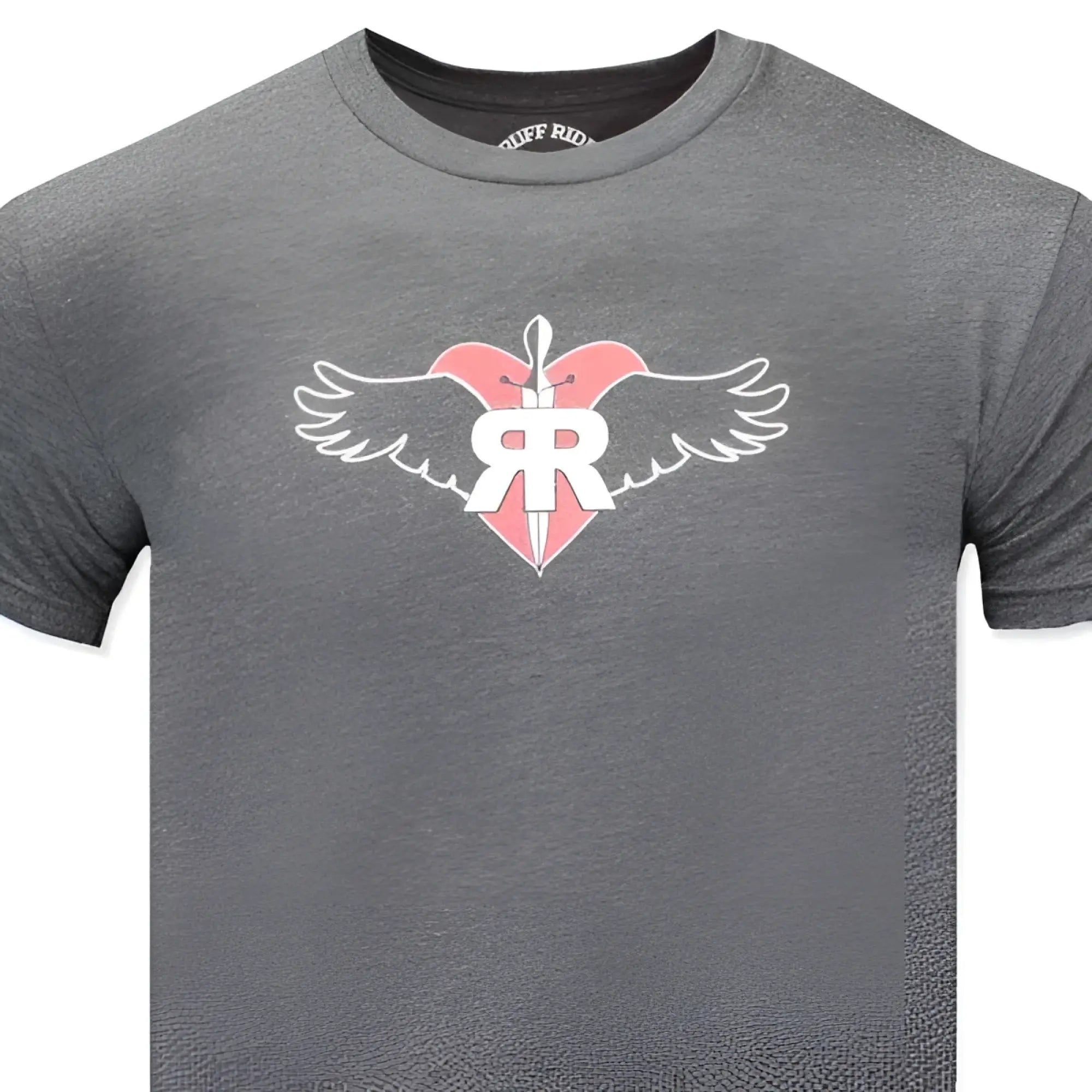 Gray heathered ruff riders commitment short sleeved t shirt with pink heart white wings and rr logo in size l