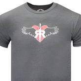 Gray heathered ruff riders commitment short sleeved t shirt with pink heart white wings and rr logo in size l