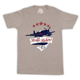 Heather gray short-sleeved cotton t-shirt with distressed navy airplane graphic red stars and white ruff riders text size L