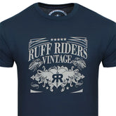Dark blue cotton ruff riders legacy short sleeved t shirt with distressed white vintage graphic and winged emblem size m