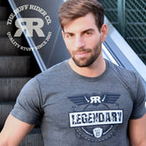 Gray heathered ruff riders legendary short sleeved t shirt with black and white wings and stars graphic size l
