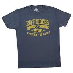 Dark heather blue ruff riders touchdown short sleeved t shirt size l with faded yellow 2001 football graphic and slogan