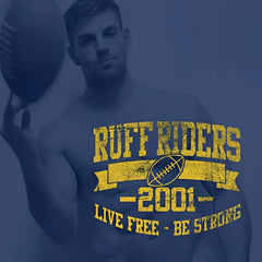 Yellow ruff riders 2001 football graphic tee with distressed lettering and banner design short sleeved size l