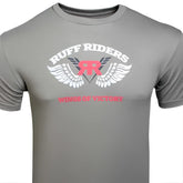 Gray short sleeved t shirt with white winged rr logo and pink ruff riders waves of victory text size m