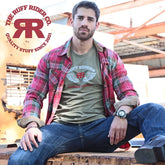 Olive green ruff riders victory short sleeved t shirt with white winged rr logo and red kings of victory text in size m