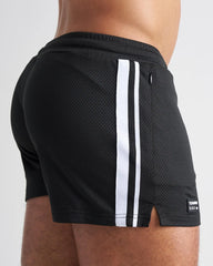 Black mesh athletic shorts with two white stripes and brand tag s s c fraternity 3 inch mesh short