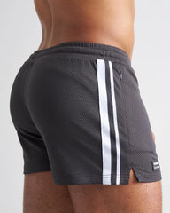 Dark gray s.s.c. fraternity 3 mesh shorts with white vertical stripes and a black brand tag on the hem