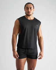 Black sleeveless s.s.c. mesh muscle tank with breathable mesh panels and subtle chest logo for athletic use