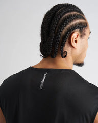 Black mesh sleeveless athletic tank top with teammb ssc branding on the back for sports and training