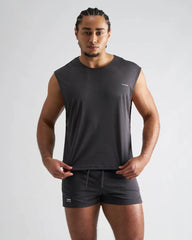 Dark gray sleeveless s.s.c. mesh muscle tank with textured breathable fabric and subtle chest branding