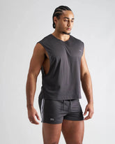 Dark gray sleeveless s.s.c. mesh muscle tank with textured mesh fabric and cut-out side panels for athletic wear
