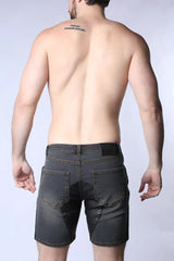 Dark gray denim shorts with black leather saddleback brand patch on waistband showing the back side