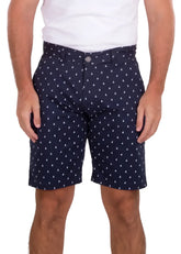Dark navy sailboat print shorts with subtle small white triangle pattern ideal for casual summer wear
