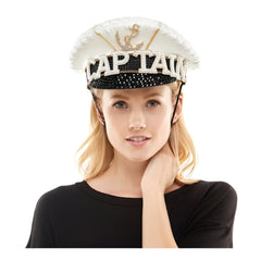 Sailor captain hat in white and black with sparkling rhinestones anchor emblem and bold captain lettering