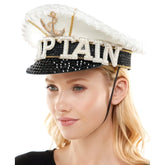 Sailor captain hat with sparkling white and black design featuring gold anchor and rhinestone embellished captain lettering